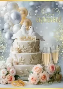 Открытка «С Днём Свадьбы!» (фигуры голубей на торте, воздушные шары, бокалы, розы, кольца)