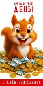 Конверт для денег «Сегодня твой ДЕНЬ! С Днём рождения!» (мультяшная белка среди монет и купюр)