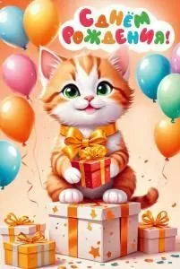 Открытка «С днем рождения!» (Котик)
