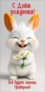 Конверт для денег «С Днём рождения! Всё будет хорошо. Проверено!» (улыбающийся заяц с ромашками в лапах)