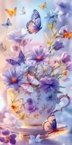 Конверт для денег без надписи (букет полевых цветов в чашке с блюдцем, бабочки)