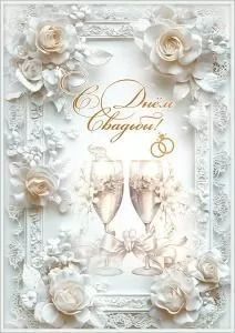 Открытка с карманом «С Днём Свадьбы!» (розы, рамка, бокалы, бант, кольца)