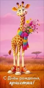 Конверт для денег «С Днём рождения, красотка!» (жираф с кедах и шарфе с букетом)