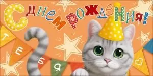 Конверт для денег «С Днем Рождения!» (кот, гирлянда, звезды)