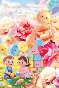 Открытка «Воспитательнице с благодарностью» (дети, солнце, цветы, воздушные шары)