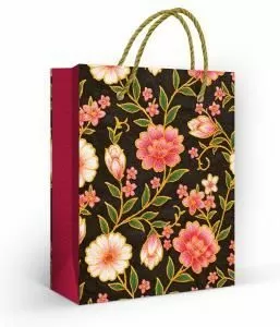 Пакет подарочный «Малиновые цветы» (S) (цветы на чёрном)