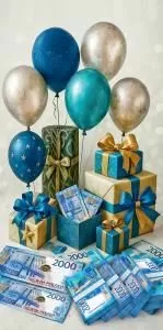 Конверт для денег без надписи (шары, подарки, 2000 рублей)