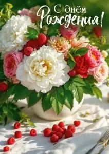 Открытка «С днем рождения!» (бело-розовые пионы)
