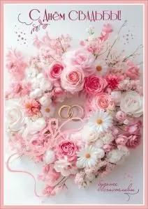 Открытка «С Днём Свадьбы!» (венок из разных розовых и белых цветов, кольца, ленточка, сердечки) 