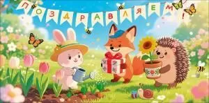 Конверт для денег «Поздравляем!» (зайчик, лисенок и ежик в саду)