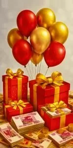 Конверт для денег без надписи (шары, подарки, 5000 рублей)