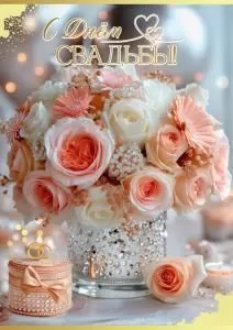 Открытка «С Днём Свадьбы!» (декоративный букет в вазе со стразами, шкатулка с бантом и кольцами)