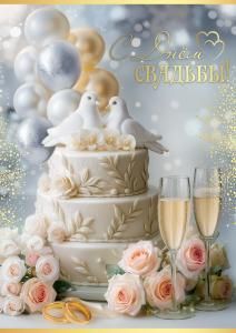 Открытка «С Днём Свадьбы!» (фигуры голубей на торте, воздушные шары, бокалы, розы, кольца)