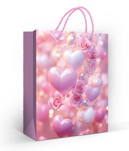 Пакет подарочный (М) «Сердечки, розы, жемчуг»