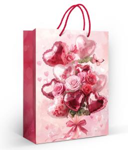Пакет подарочный (МL) «Букет из шариков-сердечек и роз»