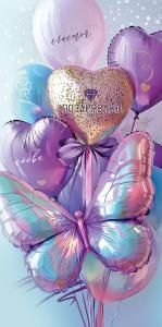 Конверт для денег «Поздравляю! Счастья, любви» (воздушные шары сиренево-золотистые, шар-бабочка)