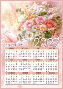 Календарь листовой на 2027 г. (букет в пастельных тонах)
