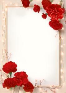 Бланк без надписи с красными гвоздиками и светящейся гирляндой