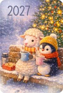 Календарь карманный 2027 «Ретро овечки» (овечка с пингвином на лавочке)