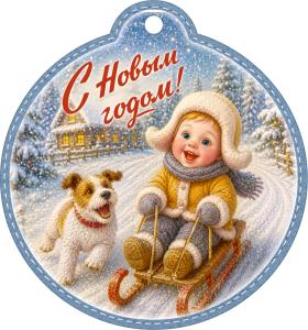 Бирка "С Новым годом!" (мальчик на санках с собакой)