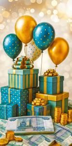 Конверт для денег без надписи (шары, подарки, 1000 рублей)