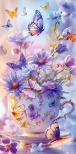 Конверт для денег без надписи (букет полевых цветов в чашке с блюдцем, бабочки)