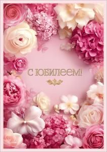 Открытка «С Юбилеем!» (обрамление из крупных белых и розовых цветов)