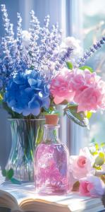 Конверт для денег без надписи (розово-голубой букет в прозрачной вазе, флакон с розовой водой на книге)