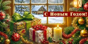 Конверт для денег "С Новым годом!" (подарки, свеча, ветки ели с елочными шарами)