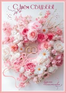 Открытка «С Днём Свадьбы!» (венок из разных розовых и белых цветов, кольца, ленточка, сердечки) 