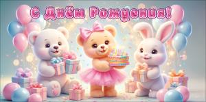 Конверт для денег "С Днём рождения!" (медвежата и зайчик с подарками, тортом и воздушными шарами)