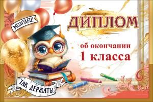 Диплом об окончании 1 класса «Молодец, так держать!» (сова на книгах в выпускной шапочке, шары, карандаши)