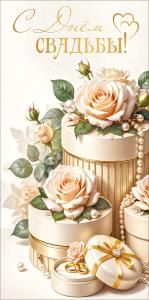 Конверт для денег «С Днём Свадьбы!» (цилиндрические коробки с розами и жемчугом, кольца)