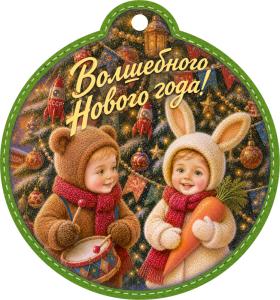 Бирка "Волшебного Нового года!" (дети в костюмах зайки и медведя)