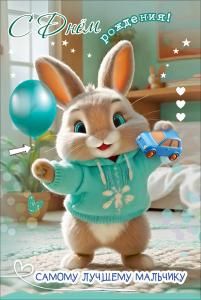 Открытка «С Днём рождения! Самому лучшему мальчику» (зайчик в свитере и машинкой в лапах на фоне детской комнаты)