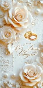 Конверт для денег «С Днём Свадьбы!» (золотые кольца, кремовые розы, жемчуг)