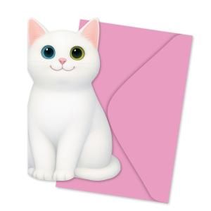 Открытка без надписи, котик белый, с художественным конвертом