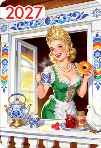 Календарь карманный на 2027 год (девушка в кокошнике с чайным сервизом и голубем)