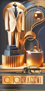 Конверт для денег "С Юбилеем!" (костюм на манекене в витрине, машина) 