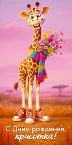 Конверт для денег «С Днём рождения, красотка!» (жираф с кедах и шарфе с букетом)