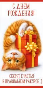 Конверт для денег «С Днём рождения! Секрет счастья в правильном ракурсе:)» (рыжий кот с подарками)