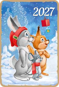 Календарь карманный 2027 «Ретро» (заяц, белка и мышь смотрят вверх)