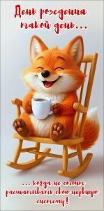 Конверт для денег «День рождения такой день...когда не стоит расшатывать свою нервную систему!» (улыбающаяся лиса с чашкой на кресле-качалке)