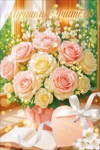 Открытка «Лучшему учителю! Спасибо за ваш труд!» (букет в шляпной коробке, книга, окно)