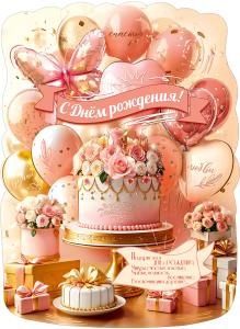 Плакат «С Днём рождения! Счастья, любви, удачи» (торт с розами и свечами, подарочные коробки, букеты роз, в