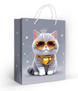Пакет подарочный «Брутальный кот» (M) (кот в украшениях)