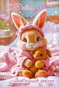 Открытка «С Днём рождения! Самой лучшей девочке» (зайка в халате и ободке с плюшевым зайчиком в лапах на фоне постели)