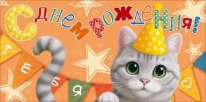 Конверт для денег «С Днем Рождения!» (кот, гирлянда, звезды)