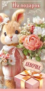 Конверт для денег "На подарок девочке" (зайка в комбинезоне с подарком и букетами)