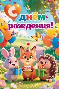 Открытка «С Днем Рождения!» (заяц, лис и еж с подарками)